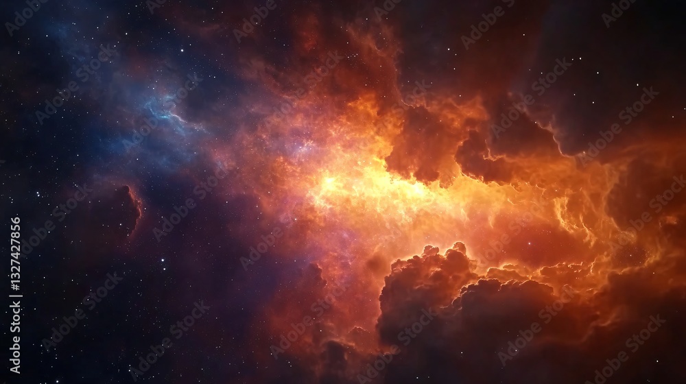 Naklejka premium Vibrant cosmic scene with swirling nebulae, fiery orange and deep blue hues, perfect backdrop for science fiction themes.