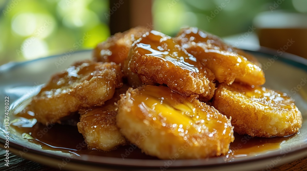 Fried bananas drizzled with soft caramel on a plate Fried bananas drizzled with soft caramel on a plate