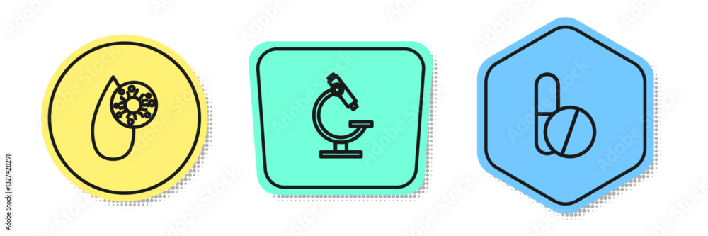Set line Blood test and virus, Microscope and Medicine pill or tablet. Colored shapes. Vector Set line Blood test and virus, Microscope and Medicine pill or tablet. Colored shapes. Vector