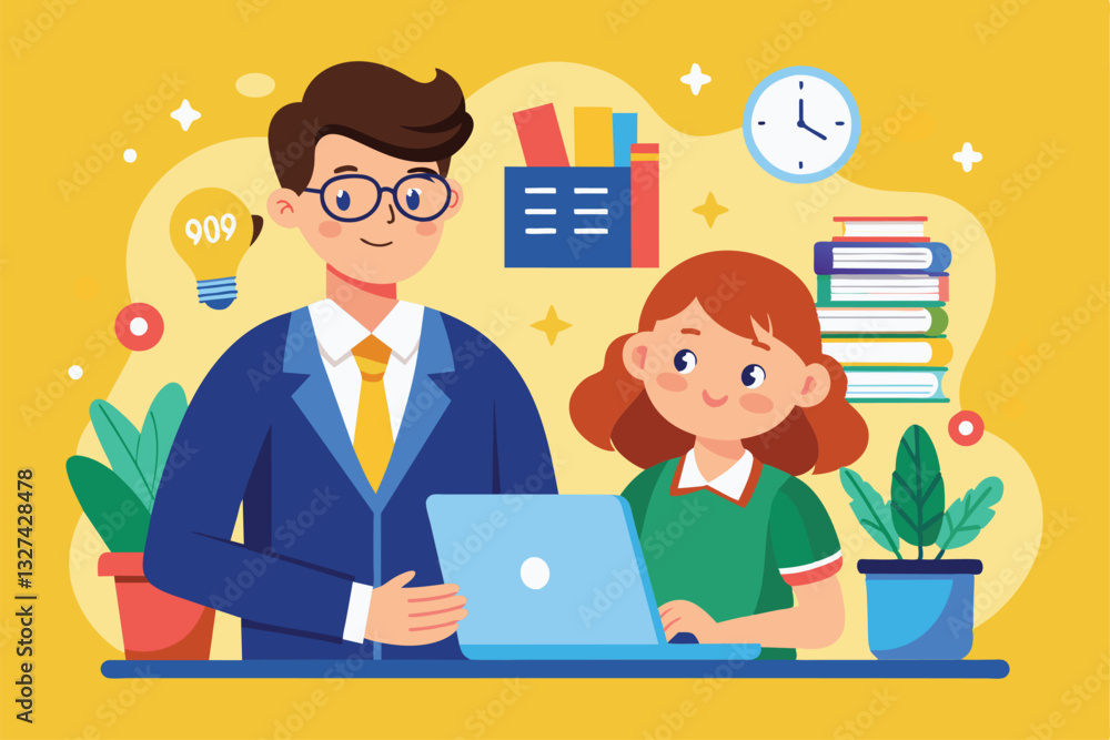 A teacher and a student collaborate on a laptop in a vibrant classroom with books and plants around them, Teacher student Customizable Flat Illustration A teacher and a student collaborate on a laptop in a vibrant classroom with books and plants around them, Teacher student Customizable Flat Illustration