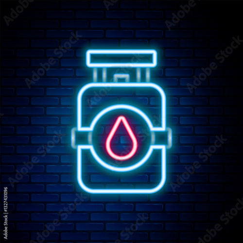 Glowing neon line Propane gas tank icon isolated on brick wall background. Flammable gas tank icon. Colorful outline concept. Vector