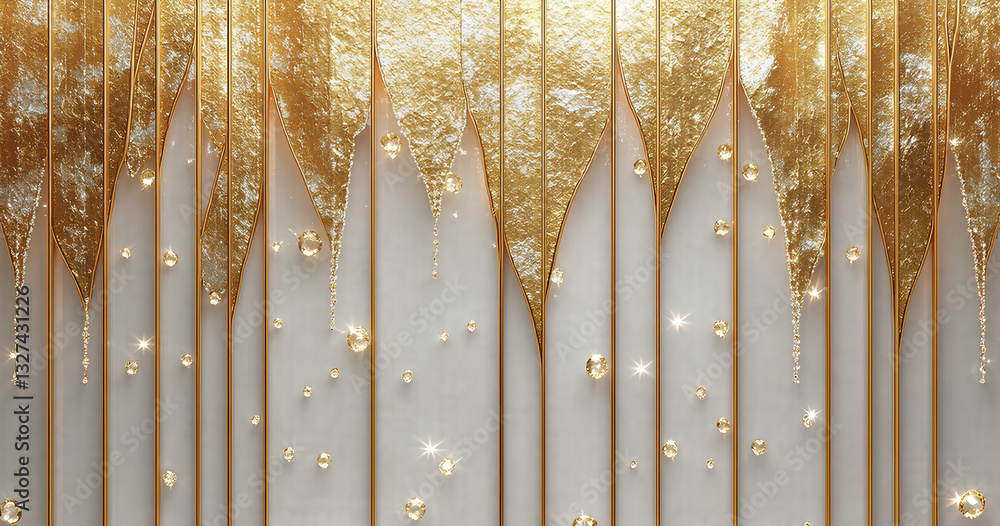 Obraz premium Golden leaf-shaped wall decor with sparkling crystals.