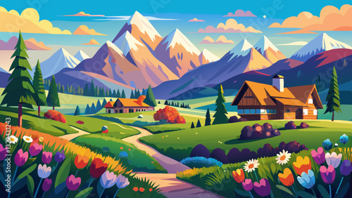 Tatra mountains landscape panorama, Poland colorful flowers and cottages in Gasienicowa valley (Hala Gasienicowa), warm summer morning