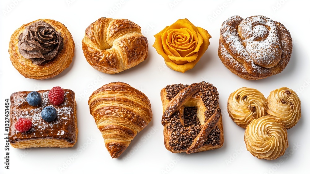 Colorful french pastry sampler displaying a variety of tempting treats isolated on a bright white background for visual appeal Colorful french pastry sampler displaying a variety of tempting treats isolated on a bright white background for visual appeal