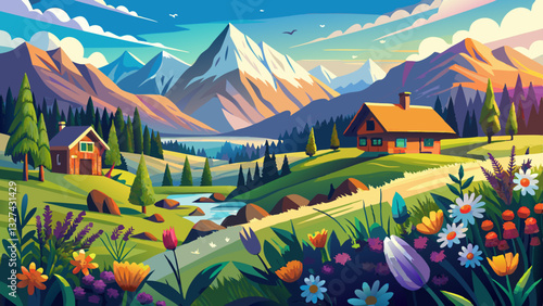 Tatra mountains landscape panorama, Poland colorful flowers and cottages in Gasienicowa valley (Hala Gasienicowa), warm summer morning