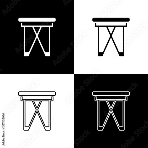 Set Camping portable folding chair icon isolated on black and white background. Rest and relax equipment. Fishing seat. Vector