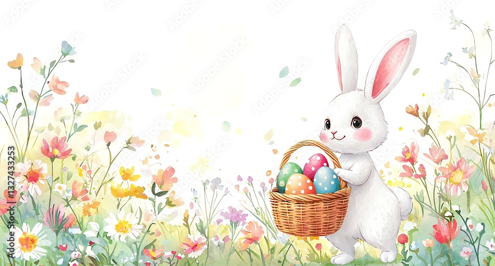 Obraz premium Watercolor Easter Bunny with Basket of Colorful Eggs in Spring Setting