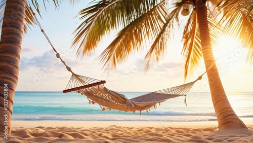 Hammock and Cocktail on a Sunny Ocean Shore Illustration for World Laziness Day and World Cocktail Day