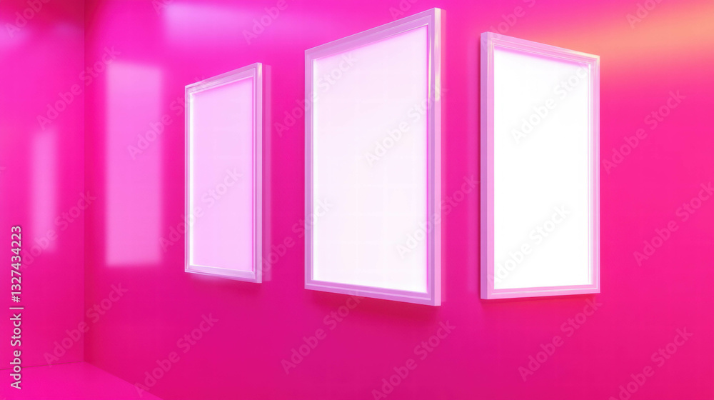 Contemporary art gallery with unevenly arranged white frames on vibrant pink wall Contemporary art gallery with unevenly arranged white frames on vibrant pink wall