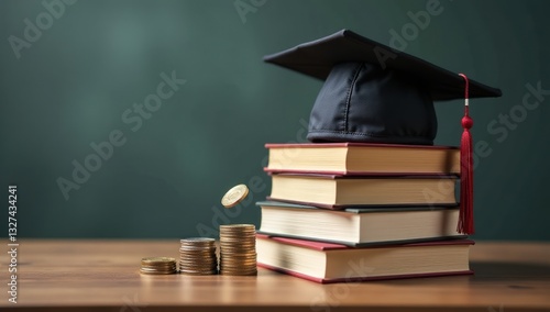 Graduation Cap on Book Stack with Falling Coins. Cost of Education. Perfect for content about financial aid, student loans, scholarship opportunities, rising costs of higher education