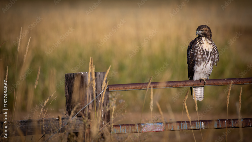 A red-tailed hawk resting on a rusted fence in a grassy refuge field in Northern California.