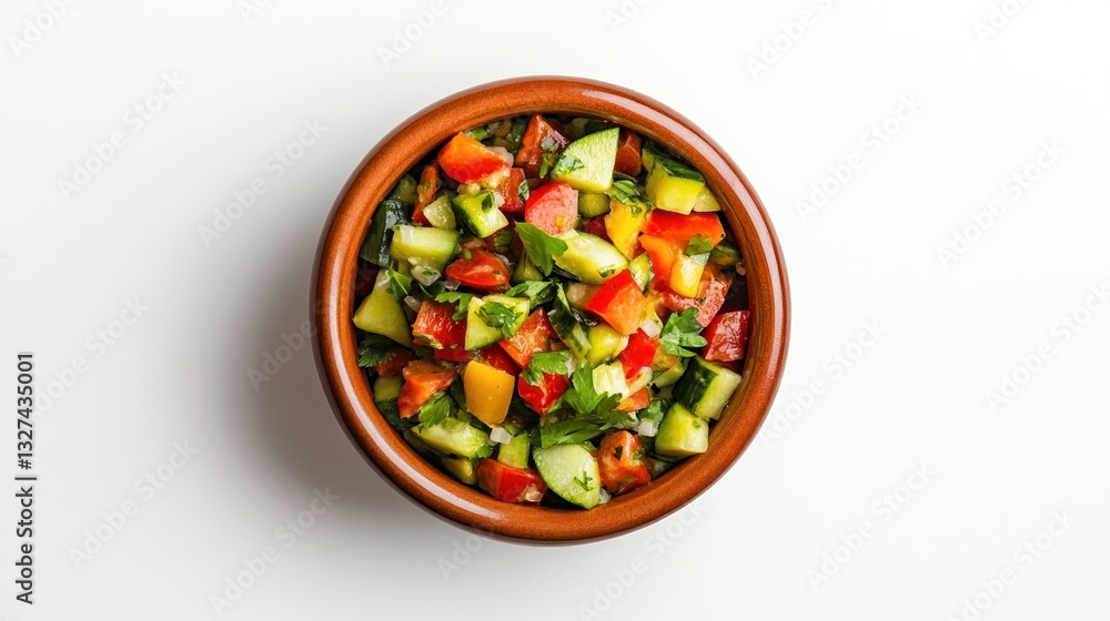 Freshly prepared mediterranean vegetable salad in a rustic earthenware bowl Freshly prepared mediterranean vegetable salad in a rustic earthenware bowl