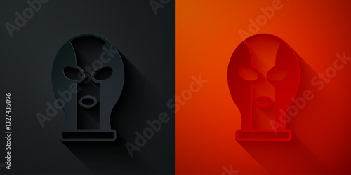 Paper cut Mexican wrestler icon isolated on black and red background. Paper art style. Vector