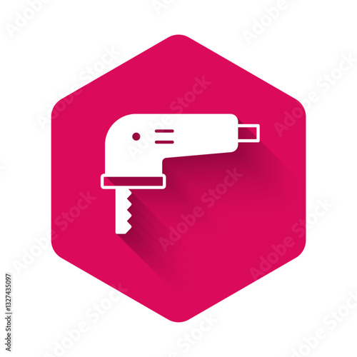 White Electric jigsaw with steel sharp blade icon isolated with long shadow background. Power tool for woodwork. Pink hexagon button. Vector