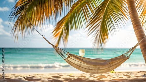 Hammock and Cocktail on a Sunny Ocean Shore Illustration for World Laziness Day and World Cocktail Day