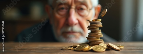 Worried Elderly Man Looks at Unstable Coin Stack. Financial Struggles in Old Age. Perfect for content of elder financial abuse, healthcare costs, and insufficient retirement funds