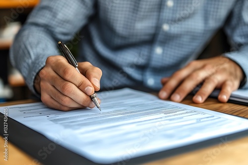 Male jots workers pay form waits at station duly closes claim text fills data claim relates to task hurt job runs in office spot page in  
