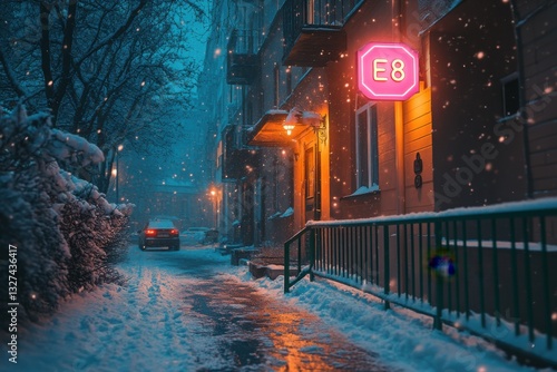 Wallpaper Mural Winter night scene with falling snow illuminating a quiet city street and building Torontodigital.ca