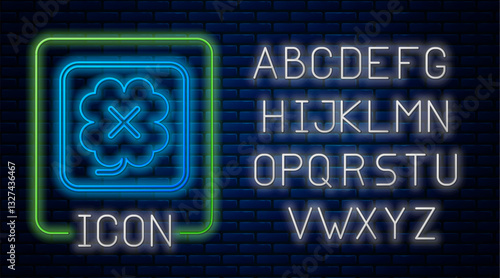 Glowing neon Casino slot machine with clover symbol icon isolated on brick wall background. Gambling games. Neon light alphabet. Vector