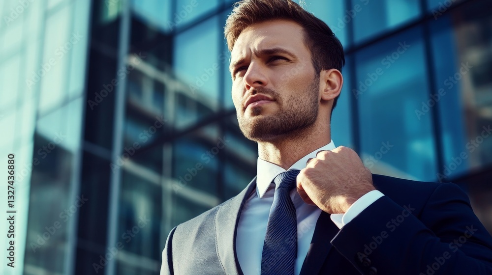 Fototapeta premium Confident young caucasian male in business suit in urban setting