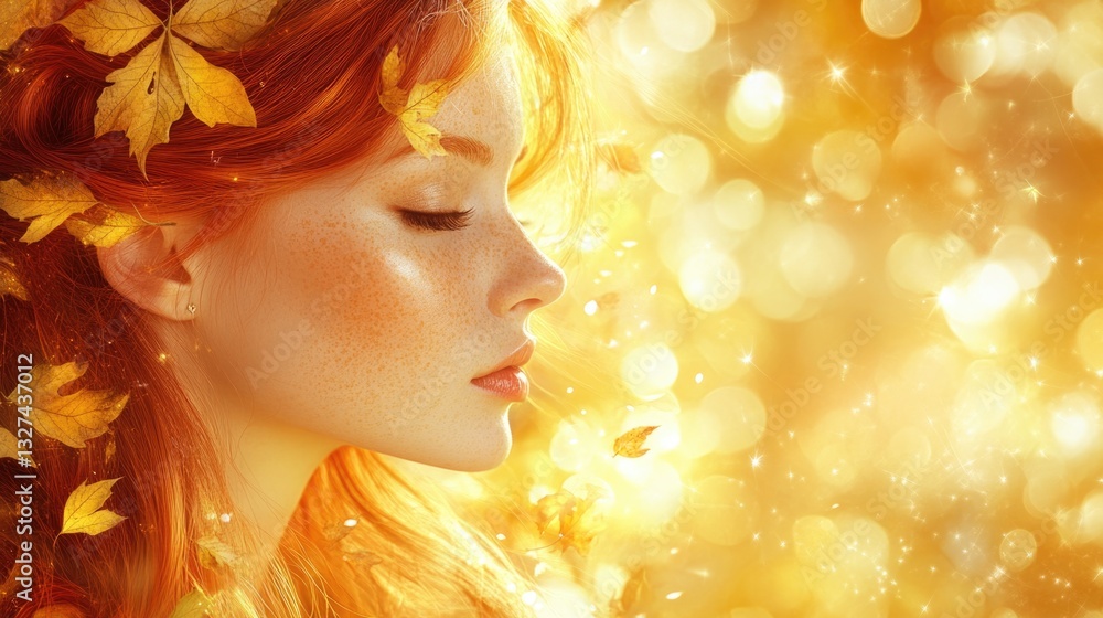Fototapeta premium Young caucasian woman with autumn leaves and freckles in bright golden light