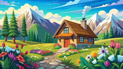 Old highlanders cottage in Tatra mountains Poland with colorful flowers and in Gasienicowa valley (Hala Gasienicowa), at warm summer morning