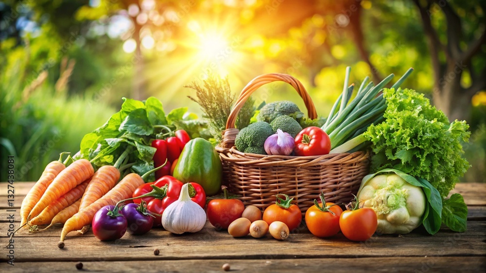 Healthy fresh vegetables, sunlight background