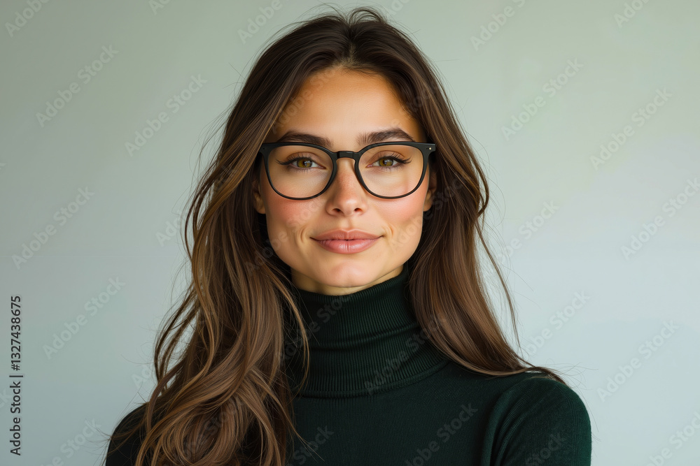 Obraz premium A woman wearing a black turtle neck sweater and glasses