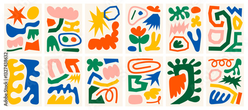 Set of colorful abstract shapes illustrations. Fun artistic backgrounds with doodles. Collection of hand-drawn childish elements. Playful collages and patterns for posters, cards, covers, or branding.