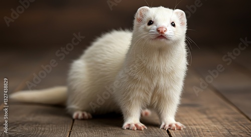 White Ferret Standing on Wooden Floor Looking Upward Posing