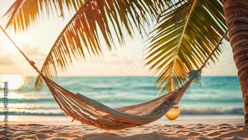 Hammock and Cocktail on a Sunny Ocean Shore Illustration for World Laziness Day and World Cocktail Day