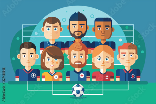 A colorful illustration shows a customizable soccer team lineup with eight players ready for a match, Team lineup Customizable Semi Flat Illustration