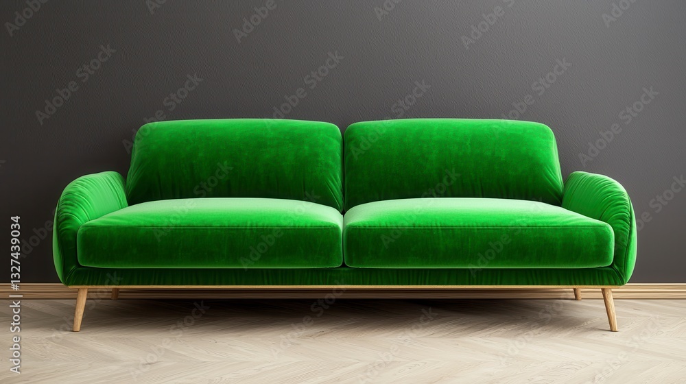 Fototapeta premium Cozy green couch positioned against a subtle grey wall in a modern home interior living space design scene