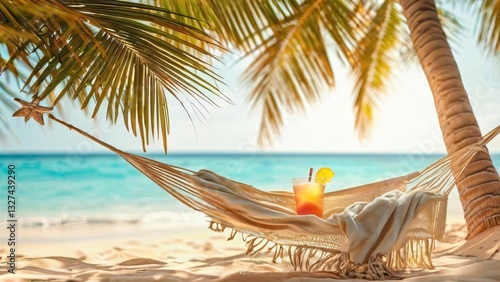 Hammock and Cocktail on a Sunny Ocean Shore Illustration for World Laziness Day and World Cocktail Day