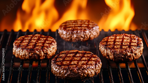 Four juicy, grilled patties cooking on a hot grill