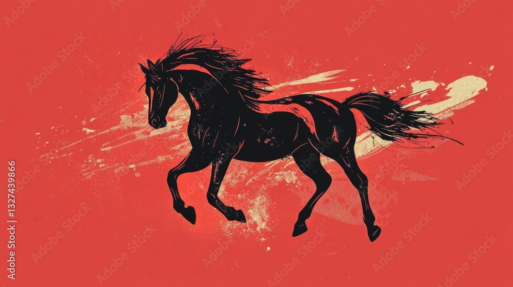 Obraz premium Elegant black horse silhouette on vibrant red splash background. 2026 year red fiery horse according calendar