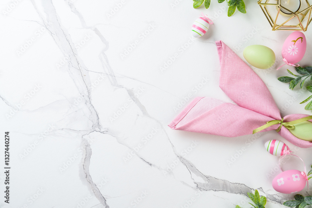Easter background on white. Easter eggs and decorations.