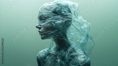 woman covered in plastic mask, concept of plastic recycling, excessive use of plastic,
