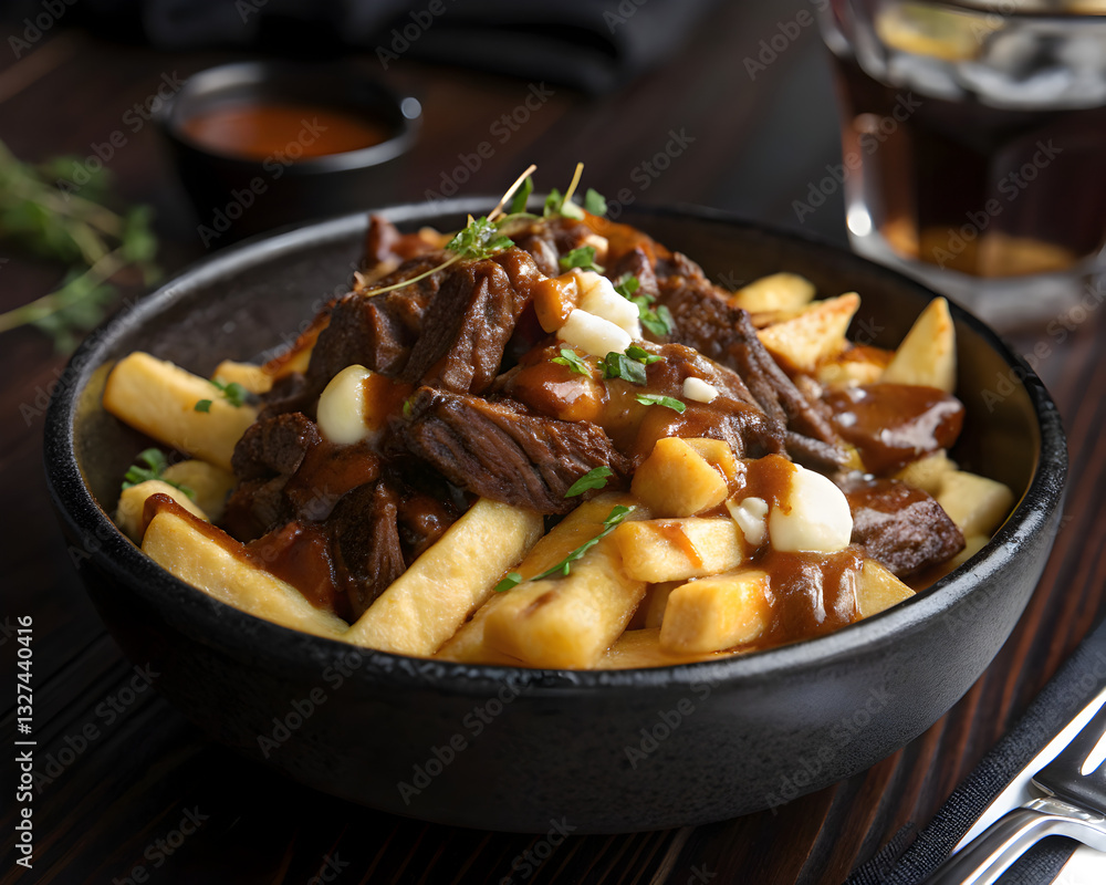 Traditional Poutine with Beer in Background Traditional Poutine with Beer in Background