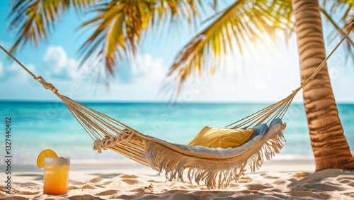 Hammock and Cocktail on a Sunny Ocean Shore Illustration for World Laziness Day and World Cocktail Day