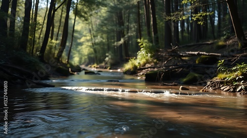 Autumn River Flowing Through the Forest with Trees and Rocks