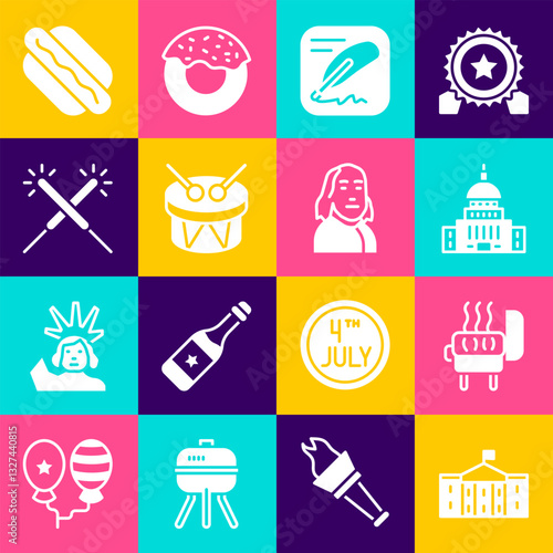 Set United States Capitol Congress, Barbecue grill, White House, Declaration of independence, Drum and drum sticks, Sparkler firework, Hotdog sandwich and Benjamin Franklin icon. Vector