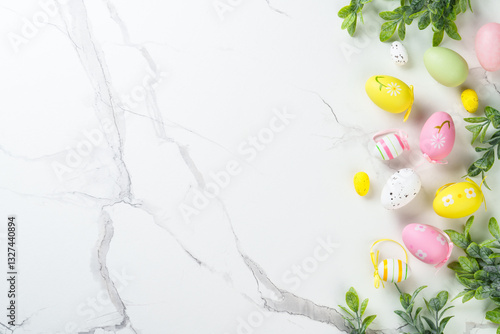 Obraz na płótnie Easter composition with Bunny ears, colored eggs and green plants. w salonie