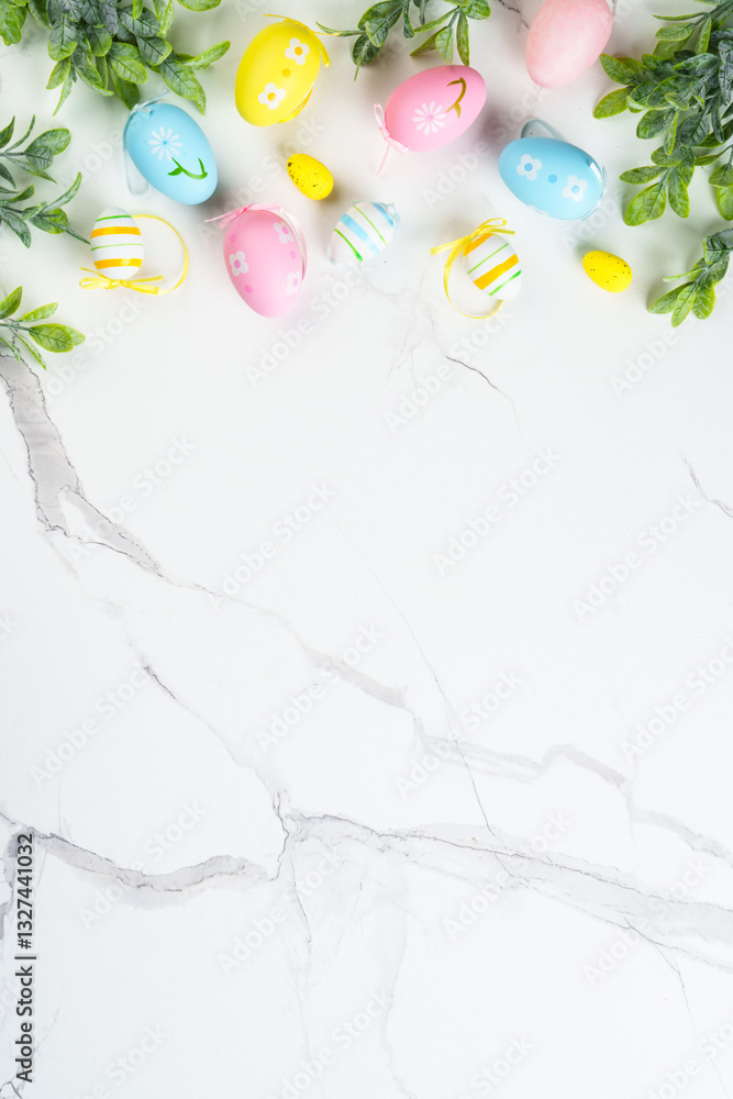Easter composition with Bunny ears, colored eggs and green plants.