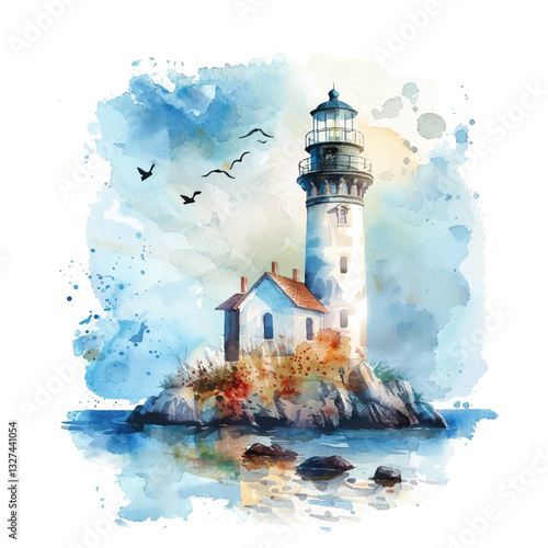 Classic lighthouse vector illustration. White beacon. Marine navigation biulding. Coastal pharos beacon seamark screed. Lighthouse on sea shore. Hope and salvation symbol. Harbor direction concept