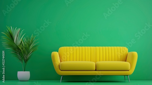 Vibrant interior mockup featuring a yellow couch and decorative palm plant against a lush green wall for style
