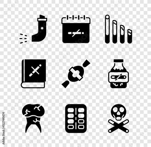 Set Inhaler, No smoking days, Smoking cigarette, Tooth with caries, Nicotine gum blister pack, Bones and skull, Book stop and Candy icon. Vector