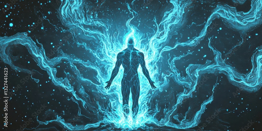 Fototapeta premium A glowing figure radiating energy amidst a cosmic nebula backdrop
