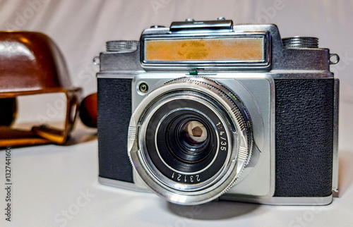 A vintage 1950s analogue rangefinder film camera