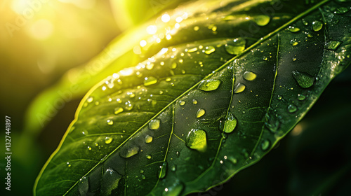A vibrant green tropical leaf with crystal-clear water droplets reflecting sunlight